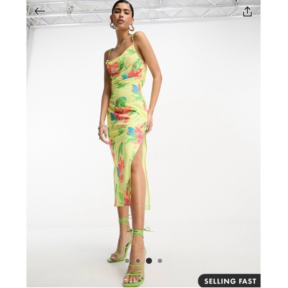 Pretty Lavish Yellow Floral Midaxi Dress | Ruched Bust Side Slit | Size US 6